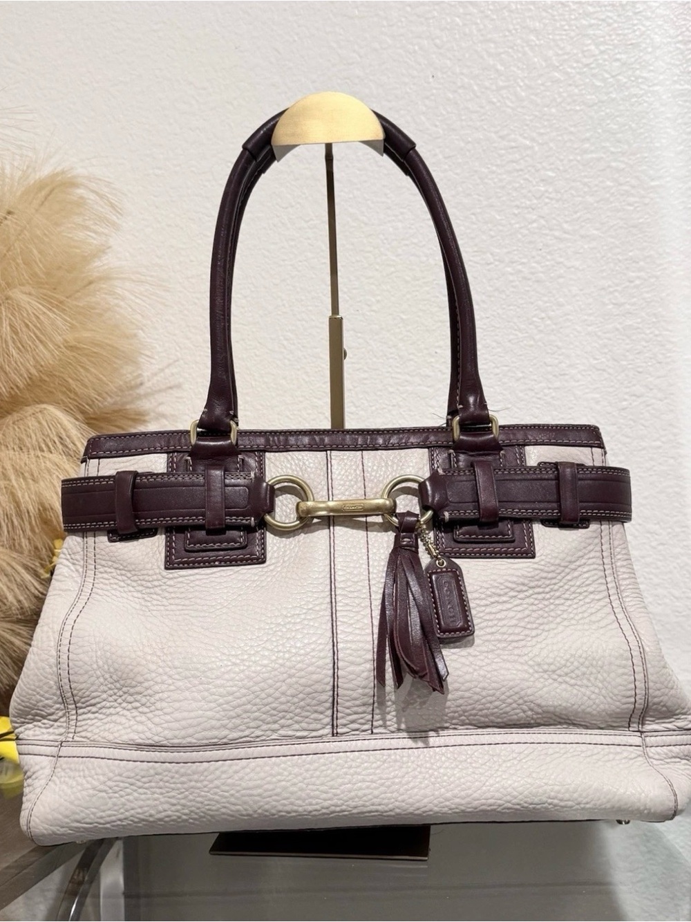 Coach Hampton Satchel Bag In Cream & Burgundy Pebbled Leather 10213